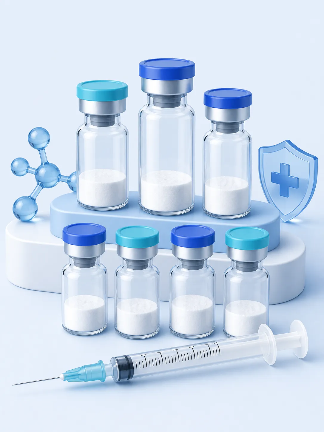Lyophilised peptide vials with coloured caps and an insulin syringe, on a light blue background