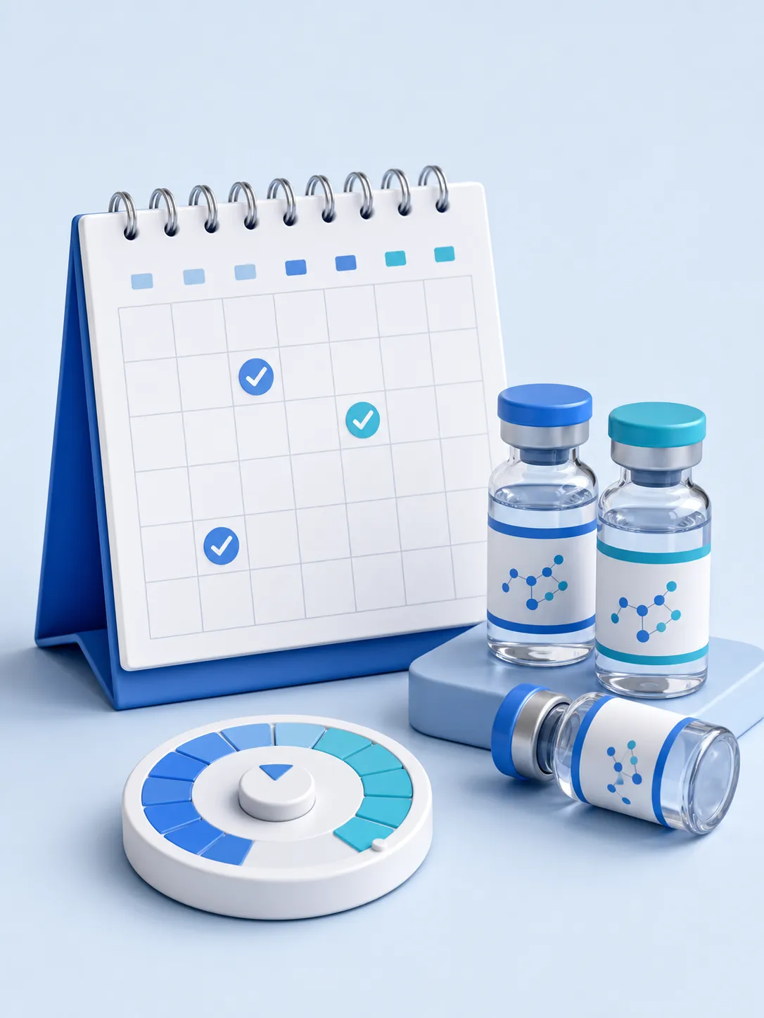 A calendar with logged dose days marked, next to labelled peptide vials and a dial